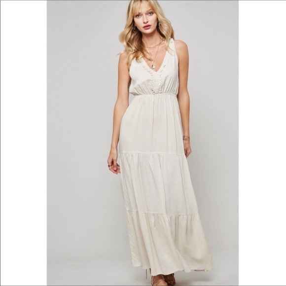 ECRU BOHO LOW BACK CROSSED STRAPS MAXI DRESS - Picture 2 of 6